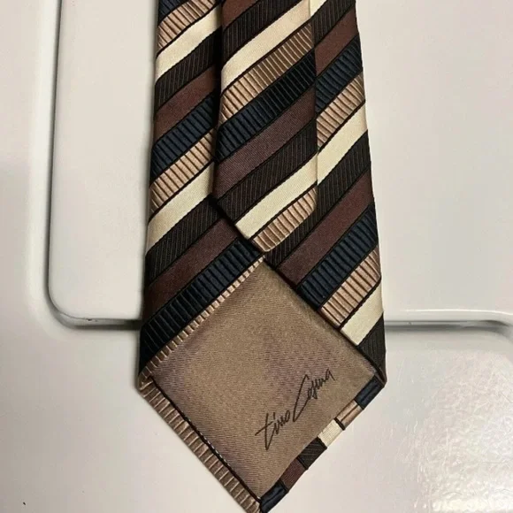 TINO Cosma Mens Silk Tie Made in Italy Stripes Brown Black Tan - Picture 4 of 5